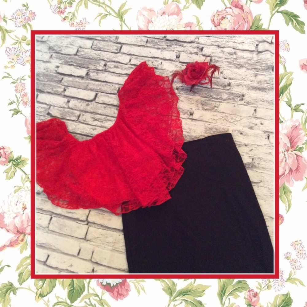 🍒 2PC LACE RUFFLE TOP PENCIL SKIRT HAIR ROSE SET